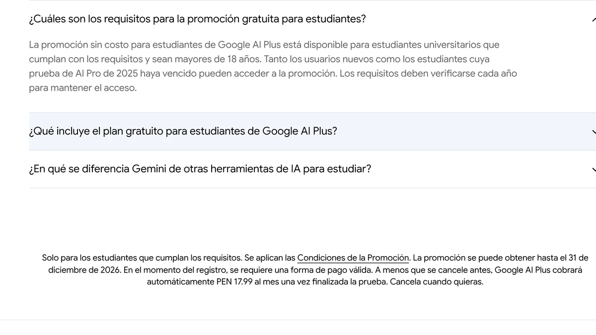 Preguntas frecuentes y letra pequeña de la página de Gemini para estudiantes de Perú, con el precio de PEN 17.99 al mes después de la prueba