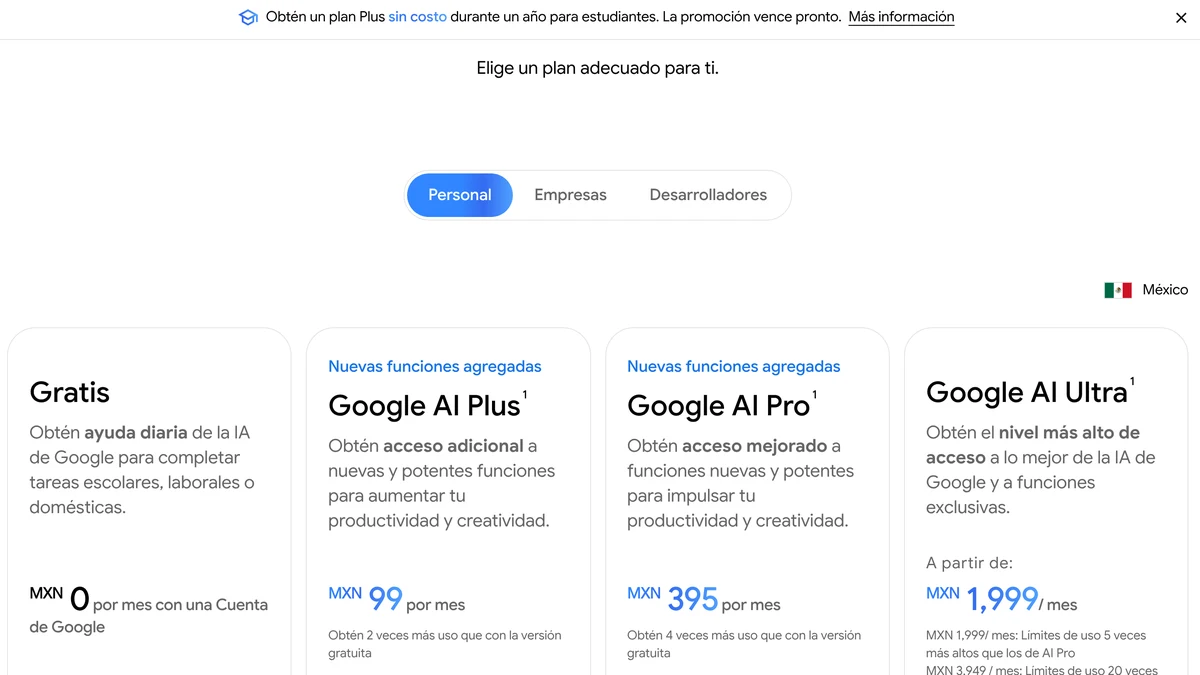 Tabla de planes de Gemini en México con precios en pesos mexicanos