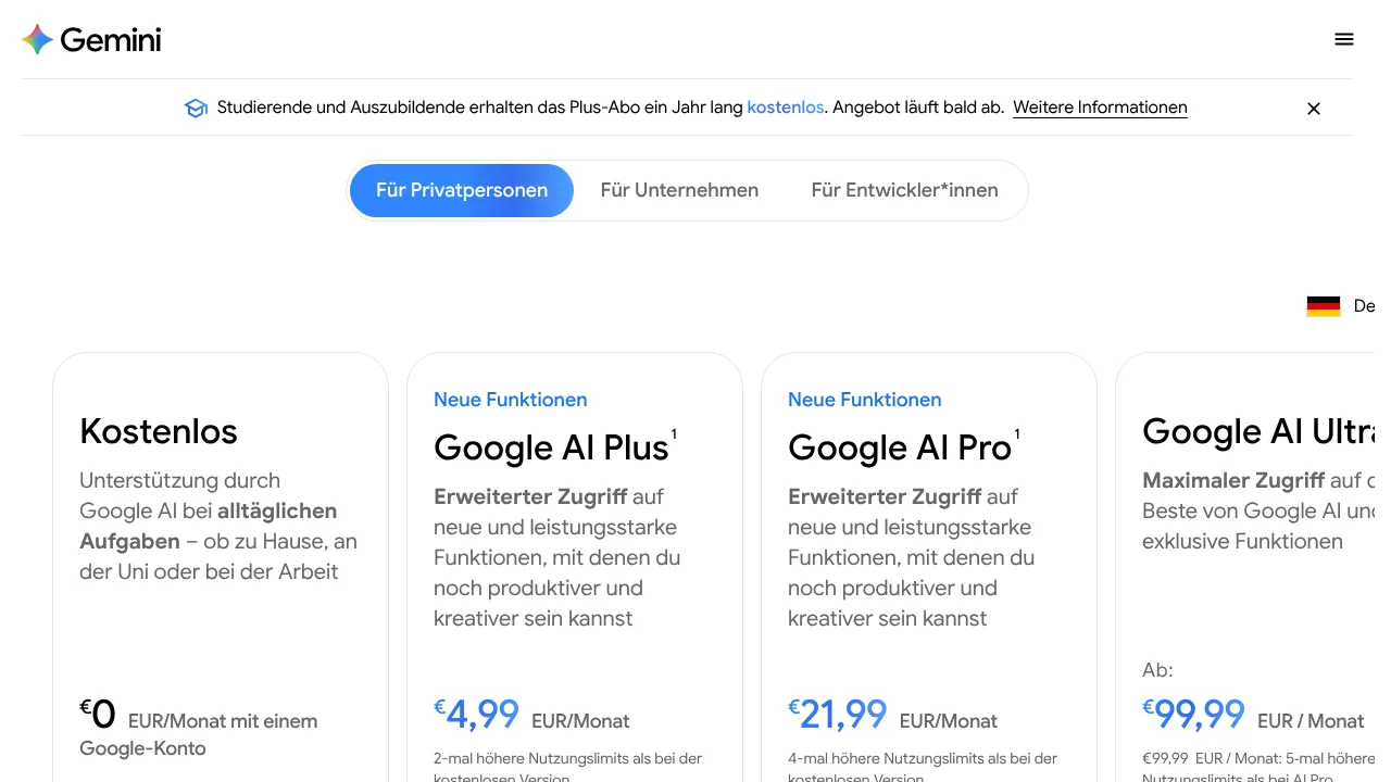 Abo-Übersicht von Google Gemini für Deutschland mit den Preisen für Kostenlos, AI Plus, AI Pro und AI Ultra