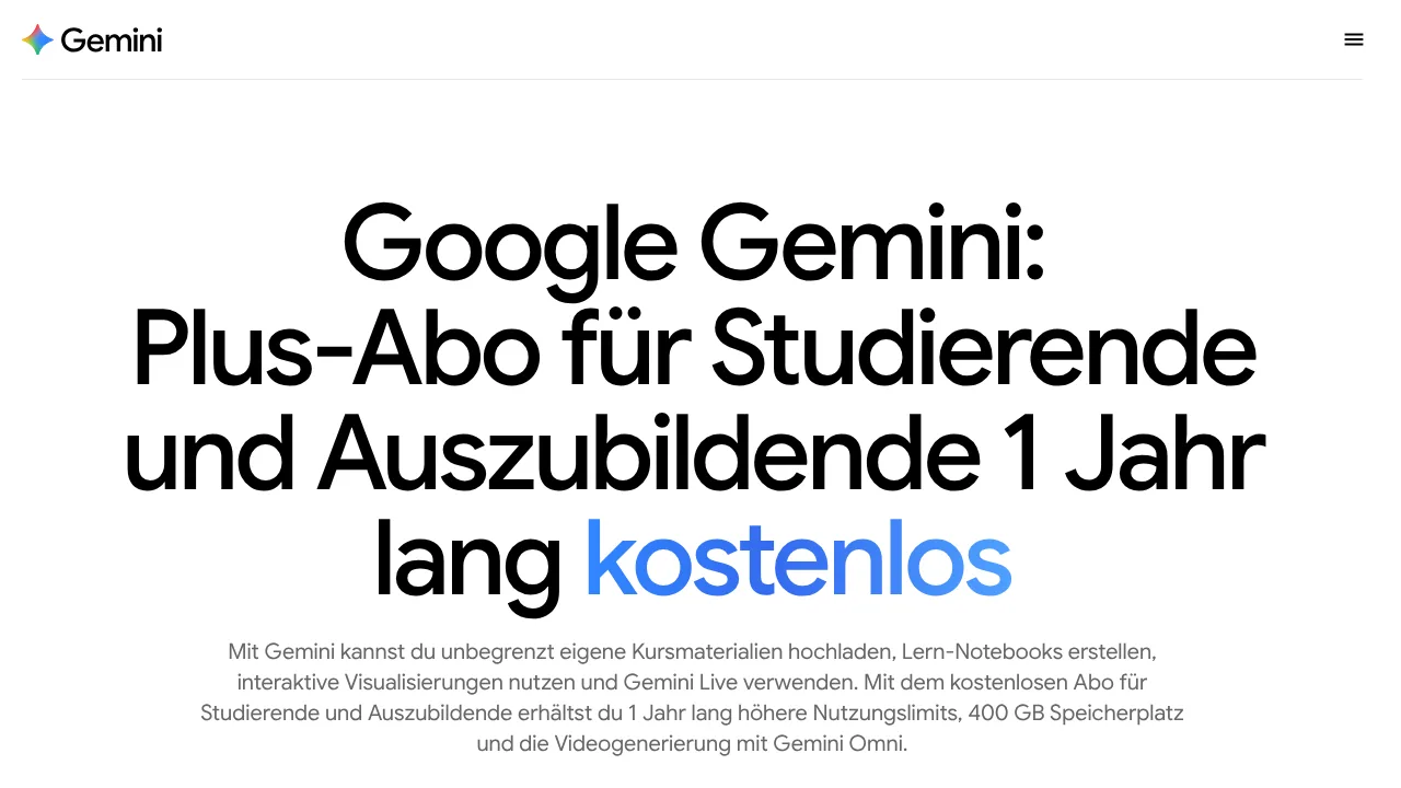 Studierenden-Seite von Google Gemini für Deutschland: Plus-Abo für Studierende und Auszubildende 1 Jahr lang kostenlos