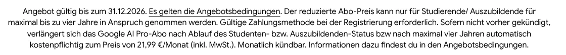 Kleingedrucktes der deutschen Gemini-Studierenden-Seite mit Hinweis auf Google AI Pro und 21,99 Euro