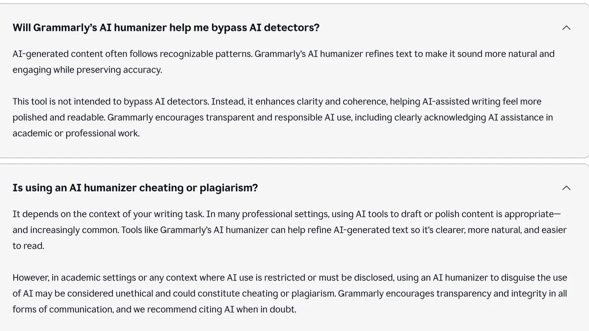 Grammarly AI humanizer FAQ with two answers opened: the tool is not intended to get past AI detectors, and disguising AI use in academic settings may count as cheating or plagiarism