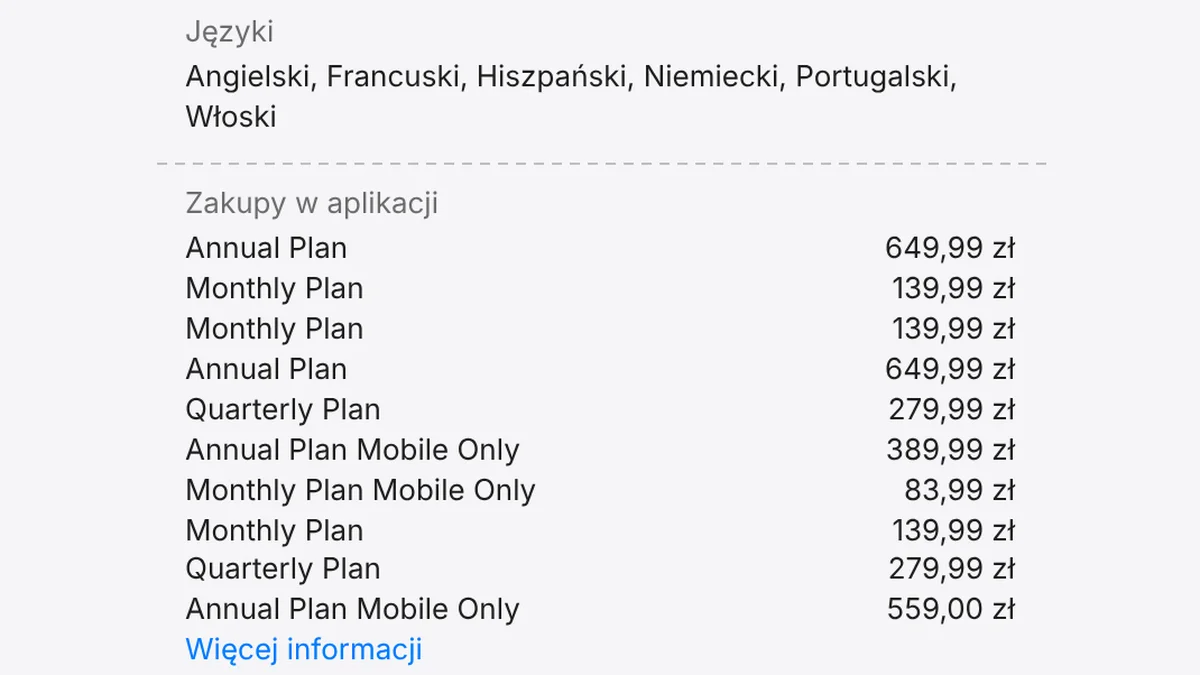Polski App Store, aplikacja Grammarly, sekcja Informacje: języki angielski, francuski, hiszpański, niemiecki, portugalski i włoski oraz lista zakupów w aplikacji z cenami w złotych od 83,99 zł do 649,99 zł