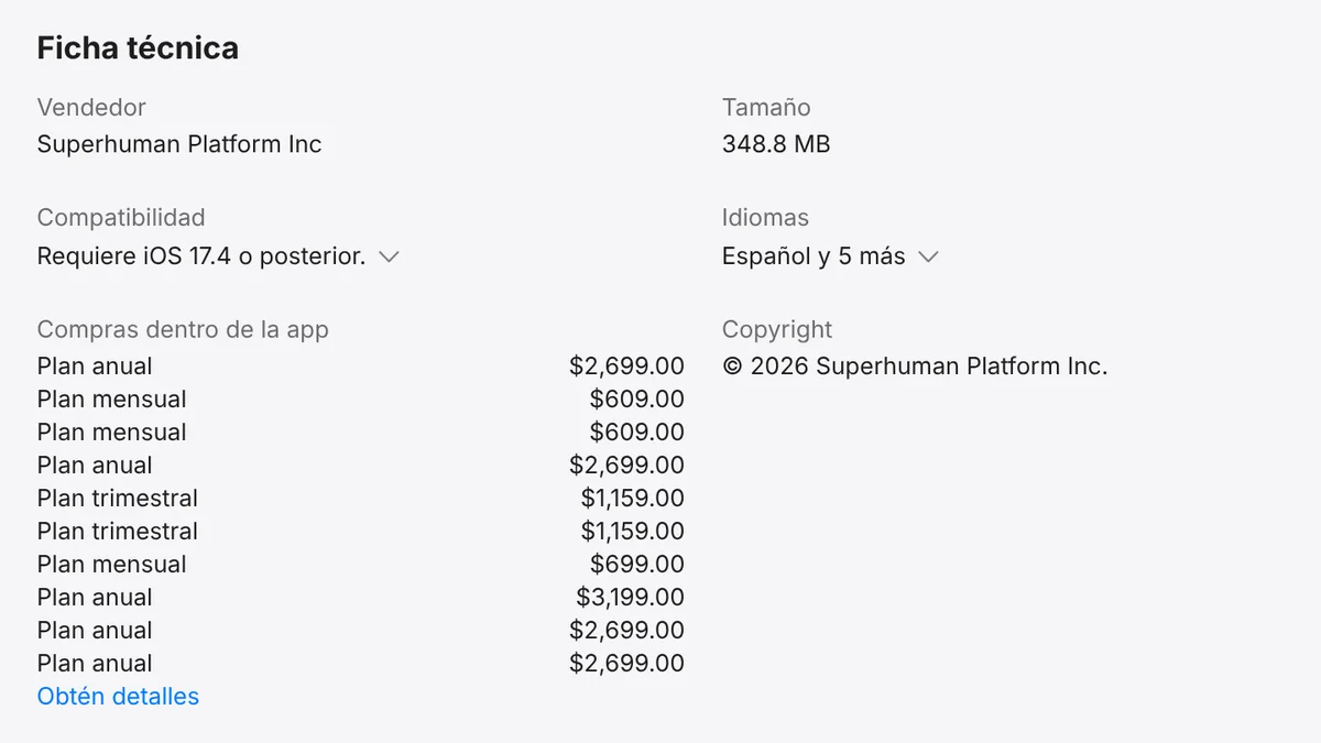 Captura de la ficha técnica de la app Grammarly: teclado con IA en la App Store de México, con la lista Compras dentro de la app desplegada: plan anual, mensual y trimestral con sus precios
