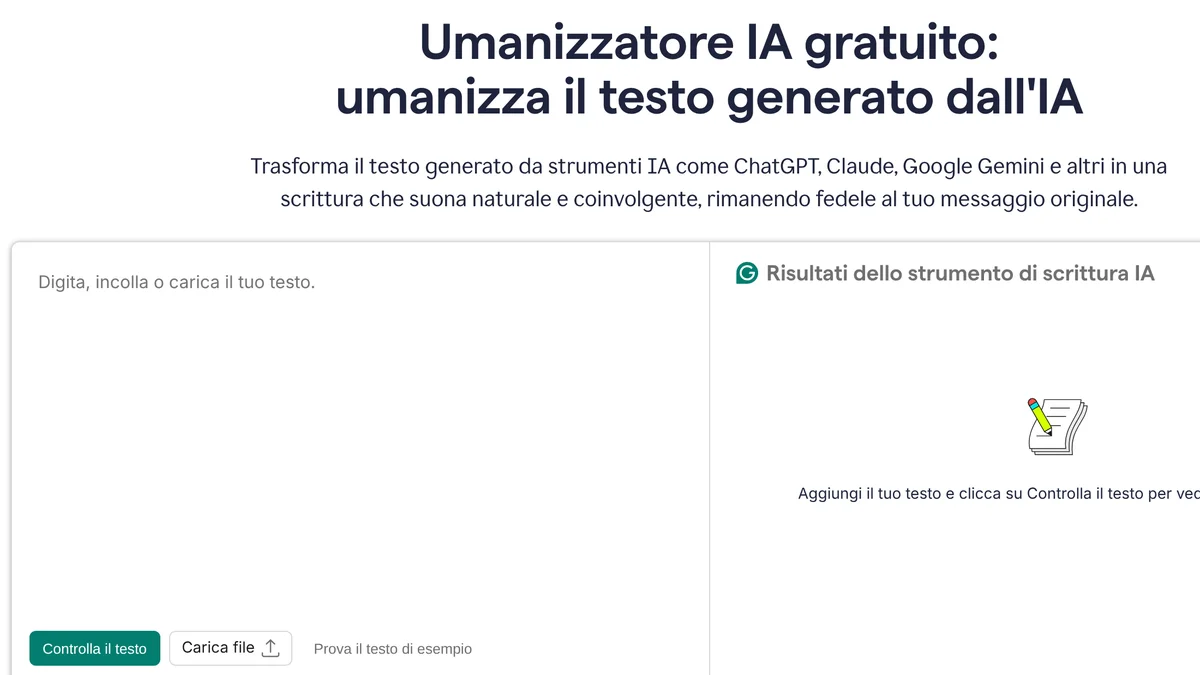 Pagina italiana dell’umanizzatore di Grammarly: titolo “Umanizzatore IA gratuito”, sottotitolo che cita testi di ChatGPT, Claude e Google Gemini, campo per incollare o caricare il testo