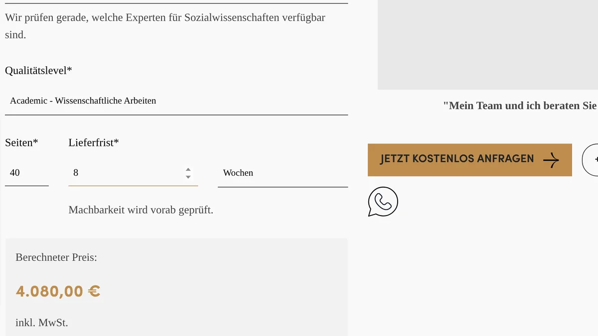 Preisrechner auf gwriters.de/preise mit Sozialwissenschaften, Qualitätslevel Academic, 40 Seiten und 8 Wochen Lieferfrist; berechneter Preis 4.080,00 € inkl. MwSt.