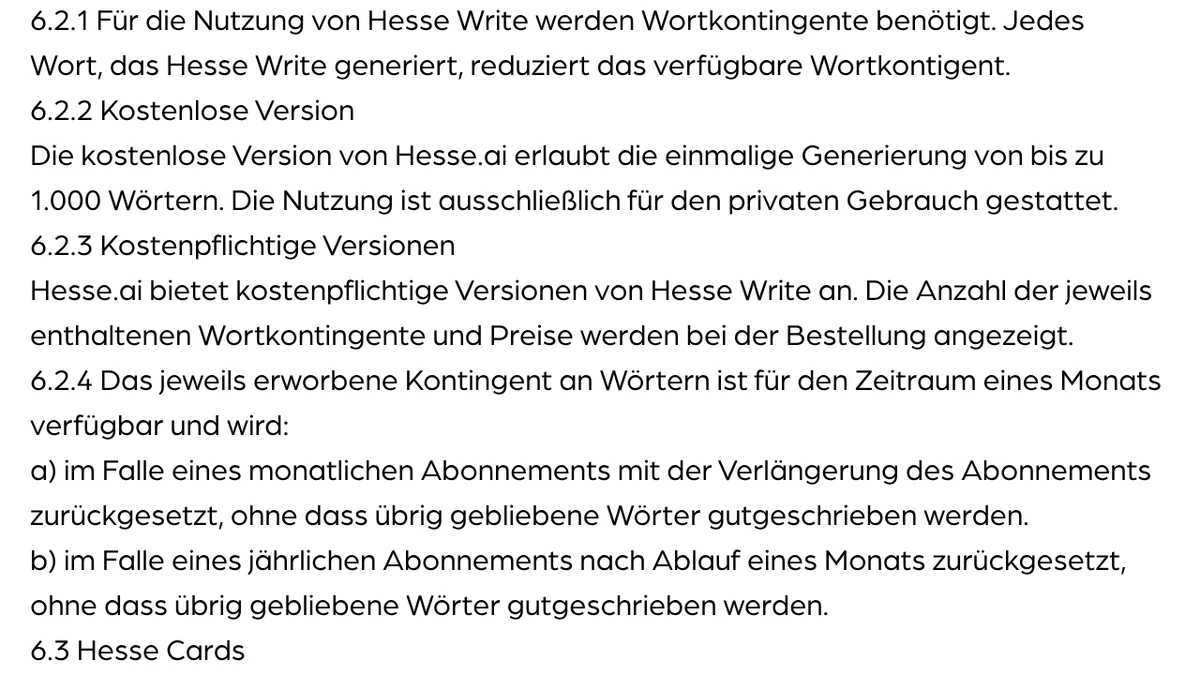 Ausschnitt aus den AGB von Hesse.ai, Abschnitt 6.2 Hesse Write: Wortkontingent, kostenlose Version mit 1.000 Wörtern, Zurücksetzen des Kontingents bei Monats- und Jahresabo