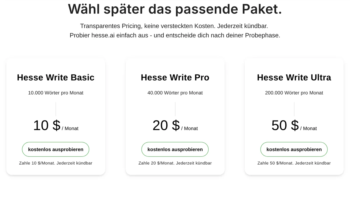 Preisabschnitt auf write.hesse.ai/de: drei Karten Hesse Write Basic mit 10.000, Pro mit 40.000 und Ultra mit 200.000 Wörtern pro Monat, Preise 10, 20 und 50 pro Monat, angezeigt in US-Dollar
