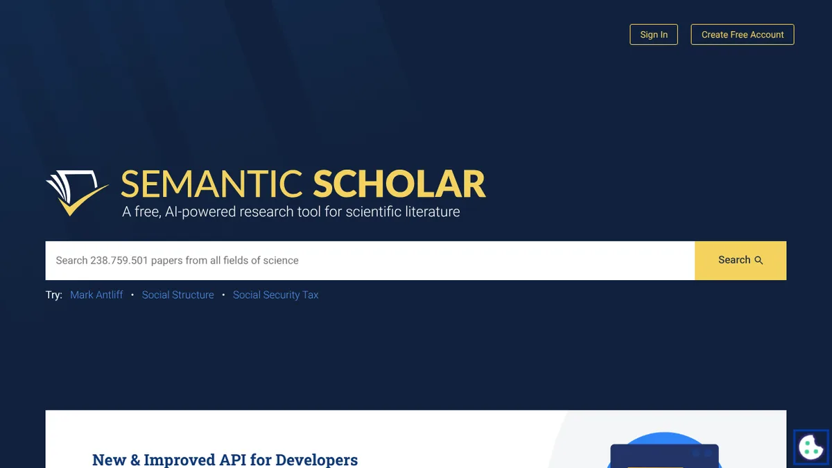 Página inicial do Semantic Scholar
