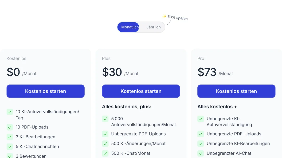 Deutsche Preisseite von Jenni AI in der Ansicht Monatlich: Kostenlos 0 $, Plus 30 $ und Pro 73 $ pro Monat