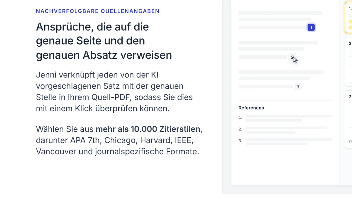 Ausschnitt der deutschen Startseite von Jenni AI: Quellenangaben mit Verweis auf Seite und Absatz, über 10.000 Zitierstile mit APA 7th, Chicago, Harvard, IEEE und Vancouver als Beispielen