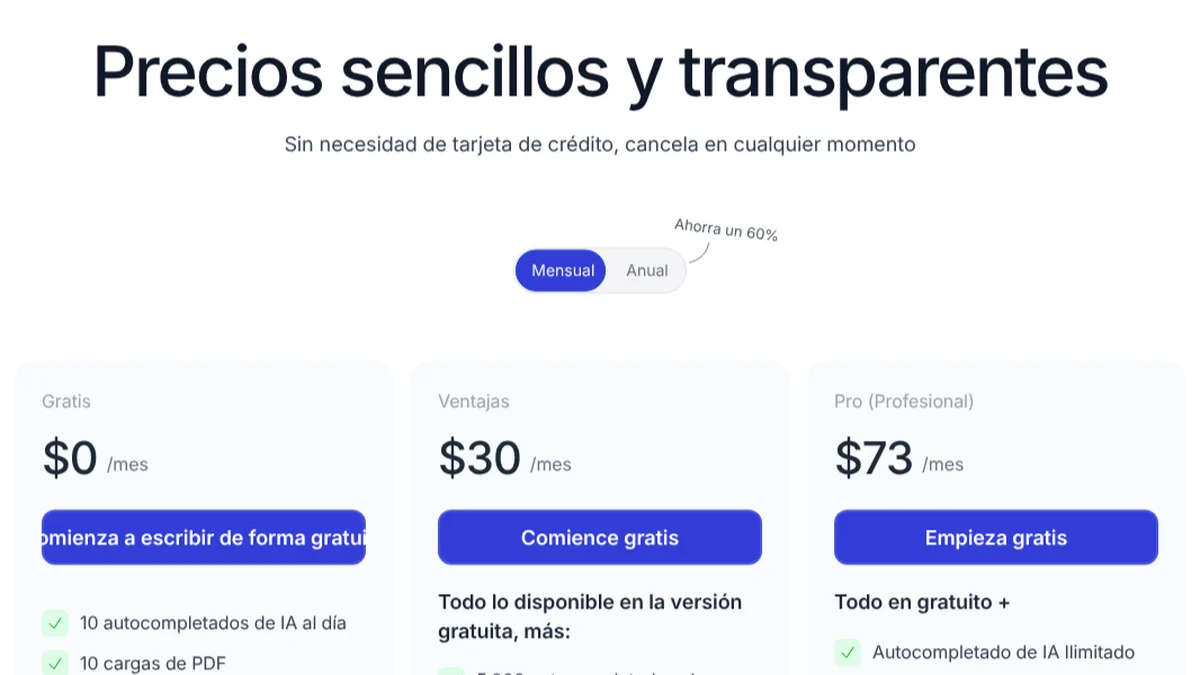 Captura de la página de precios de Jenni AI en español, vista Mensual, 11/10/2026