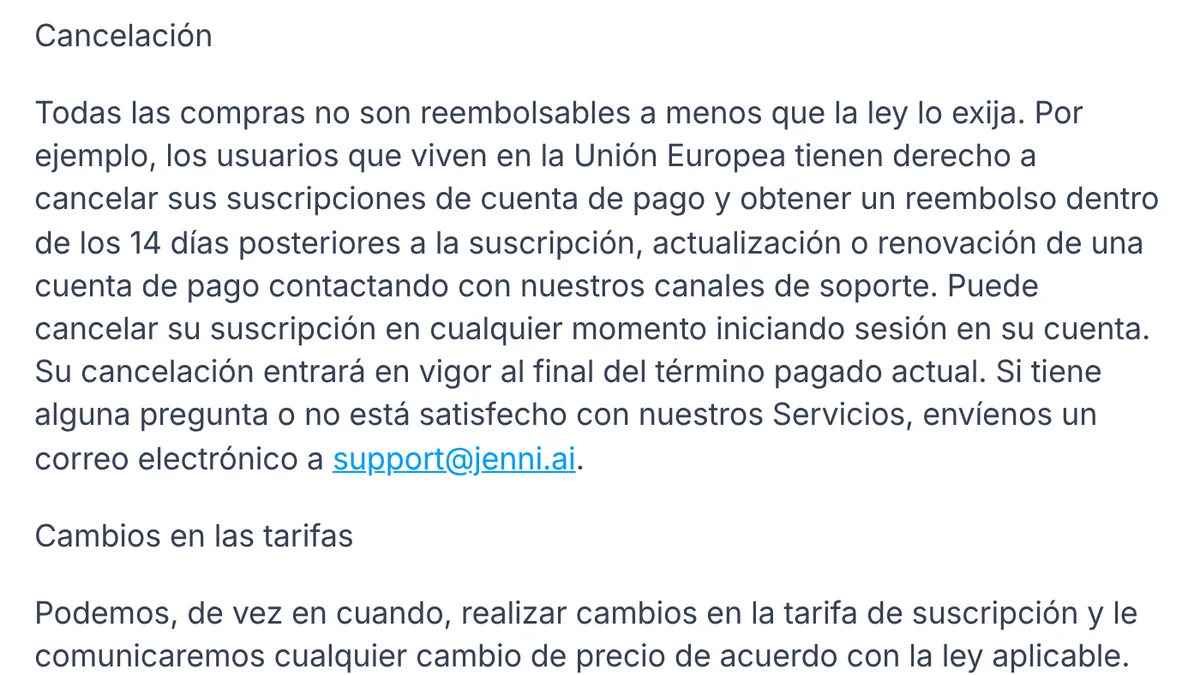 Captura de los términos de Jenni AI en español, apartado Cancelación: compras no reembolsables salvo que la ley lo exija, ejemplo de la Unión Europea con 14 días