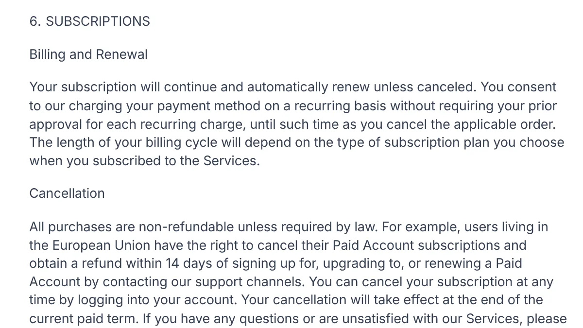 Section 6, Subscriptions, of the Jenni AI terms: the Billing and Renewal paragraph and the Cancellation paragraph with the refund rule for users in the European Union