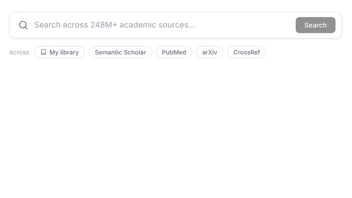 Buscador da página inicial do Jenni em português, com o texto em inglês “Search across 248M+ academic sources…” e as opções My library, Semantic Scholar, PubMed, arXiv e CrossRef