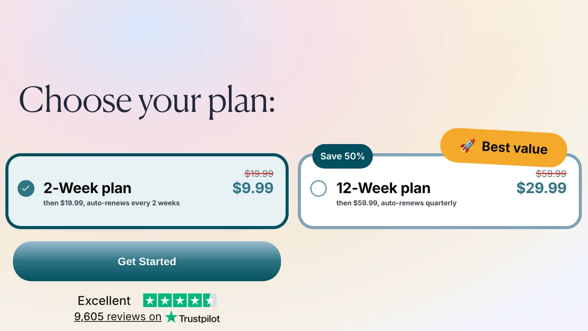 JustDone pricing page with the 2-Week plan preselected at $9.99, then $19.99 every 2 weeks, and the 12-Week plan at $29.99, then $59.99 quarterly