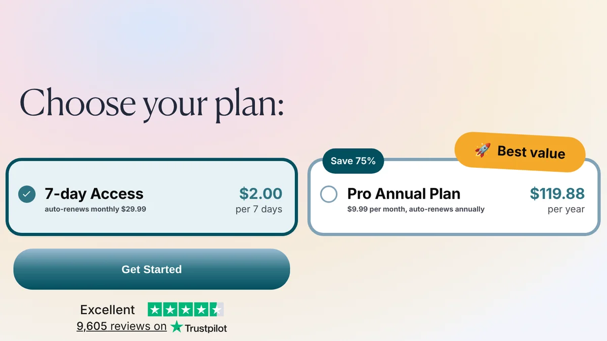 JustDone pricing page with 7-day Access preselected at $2.00 per 7 days, auto-renewing monthly at $29.99, and the Pro Annual Plan at $119.88 per year