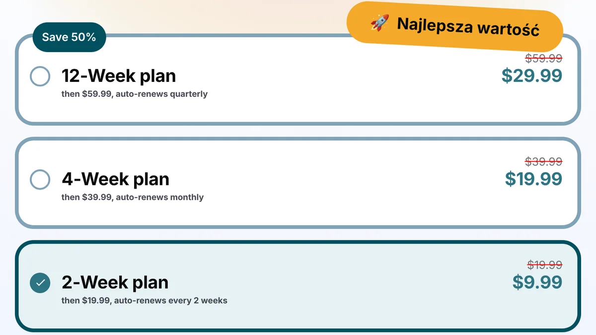 Polski cennik JustDone w wersji z planami 2, 4 i 12 tygodni: zaznaczony plan 2-tygodniowy za $9.99, potem $19.99; opisy planów po angielsku