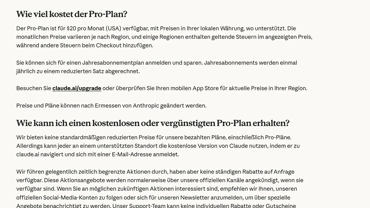 Claude-Hilfe-Center auf Deutsch: Pro-Plan 20 Dollar pro Monat in den USA, keine standardmäßigen reduzierten Preise, keine individuellen Rabatte