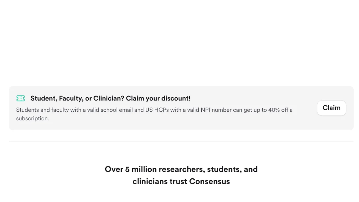 Preisseite von Consensus mit dem Hinweis: Studierende und Lehrende mit gültiger Hochschul-E-Mail erhalten bis zu 40 Prozent Rabatt