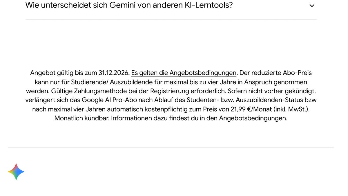 Kleingedrucktes der deutschen Gemini-Studierenden-Seite: Angebot gültig bis 31.12.2026, Zahlungsmethode erforderlich, Verlängerung des Google AI Pro-Abos zu 21,99 Euro pro Monat