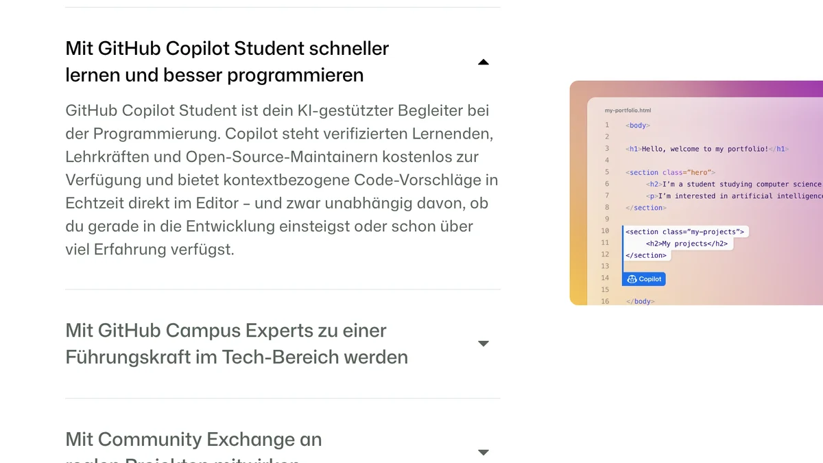 GitHub-Education-Seite für Lernende auf Deutsch: GitHub Copilot Student steht verifizierten Lernenden kostenlos zur Verfügung