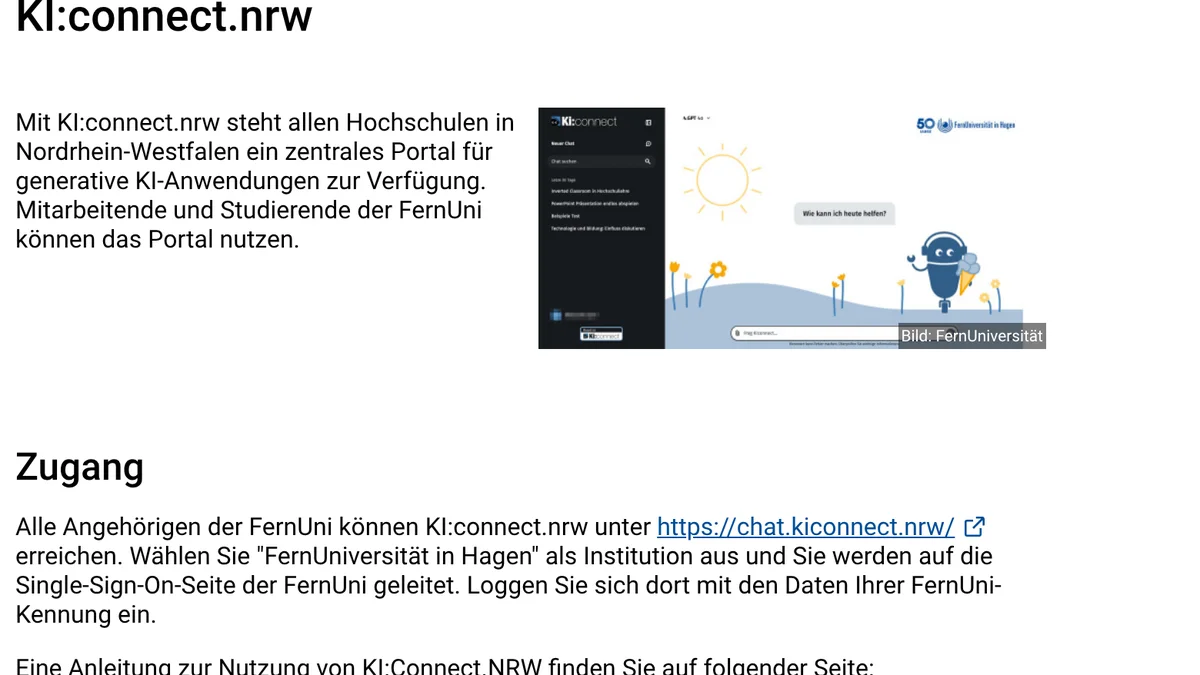 Seite der FernUniversität in Hagen zu KI:connect.nrw: zentrales Portal für generative KI für alle Hochschulen in Nordrhein-Westfalen, nutzbar für Mitarbeitende und Studierende