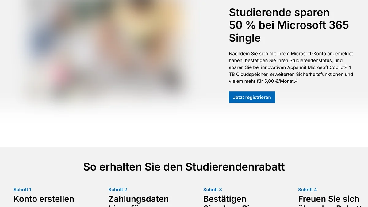 Microsoft-Seite für Studierende in Deutschland: Studierende sparen 50 Prozent bei Microsoft 365 Single für 5,00 Euro pro Monat, darunter die vier Schritte zum Rabatt