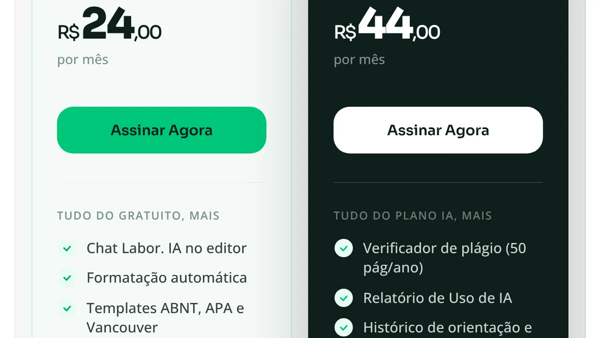 Recorte da página de planos da Mettzer na visão Cobrança mensal: Plano IA por R$ 24,00 por mês com formatação automática e templates ABNT, APA e Vancouver; Plano Ultra por R$ 44,00 por mês com verificador de plágio de 50 páginas por ano