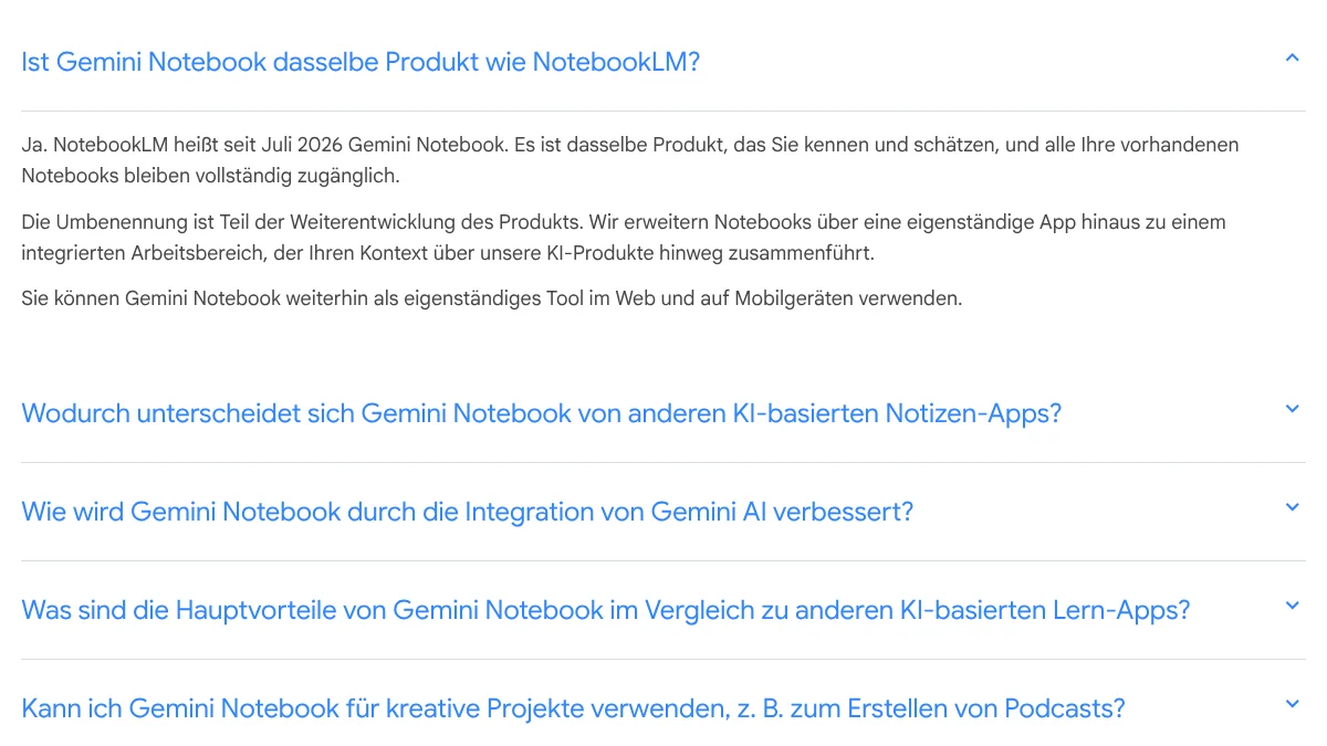 Screenshot der FAQ auf notebook.google: Ist Gemini Notebook dasselbe Produkt wie NotebookLM?, 11.10.2026