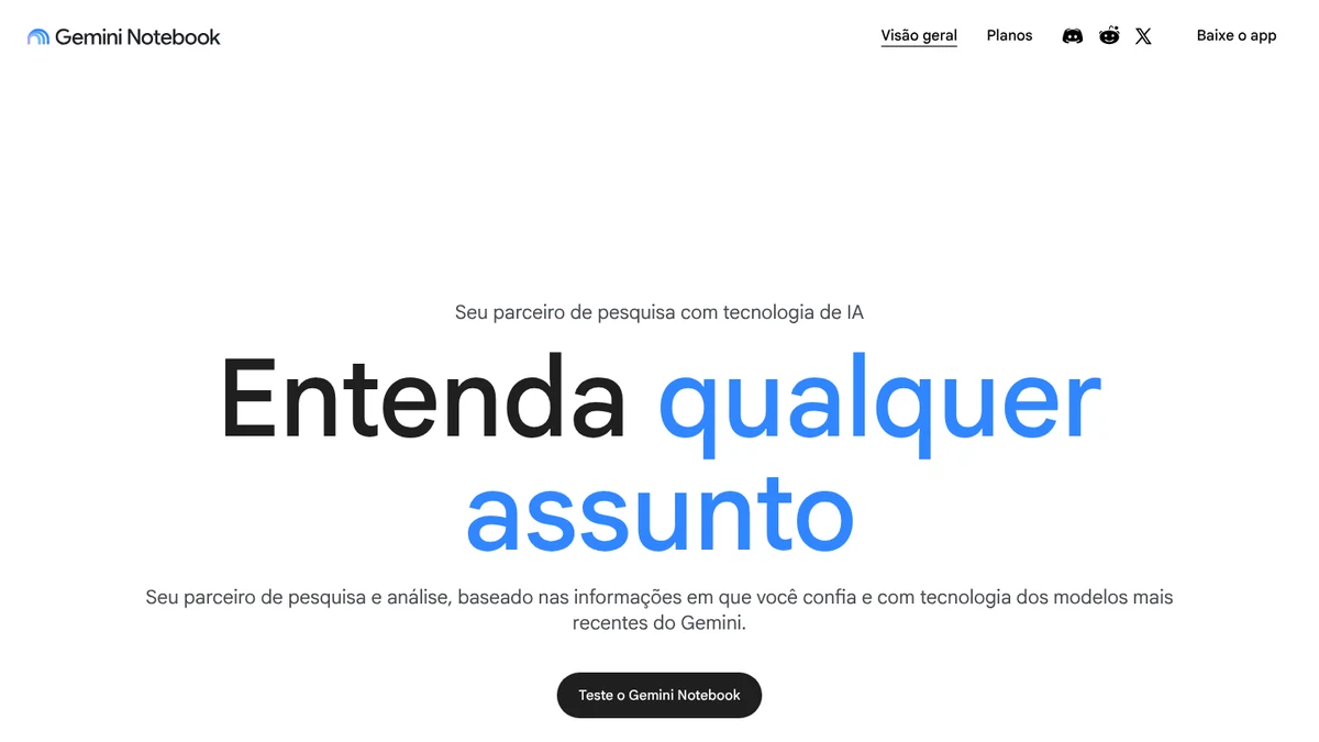 Página inicial do Gemini Notebook em português com o título “Entenda qualquer assunto”