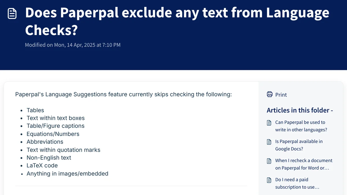 Paperpal Help Center, Artikel „Does Paperpal exclude any text from Language Checks?“: Liste der Textarten, die die Sprachvorschläge überspringen, darunter Text in Anführungszeichen und nicht-englischer Text