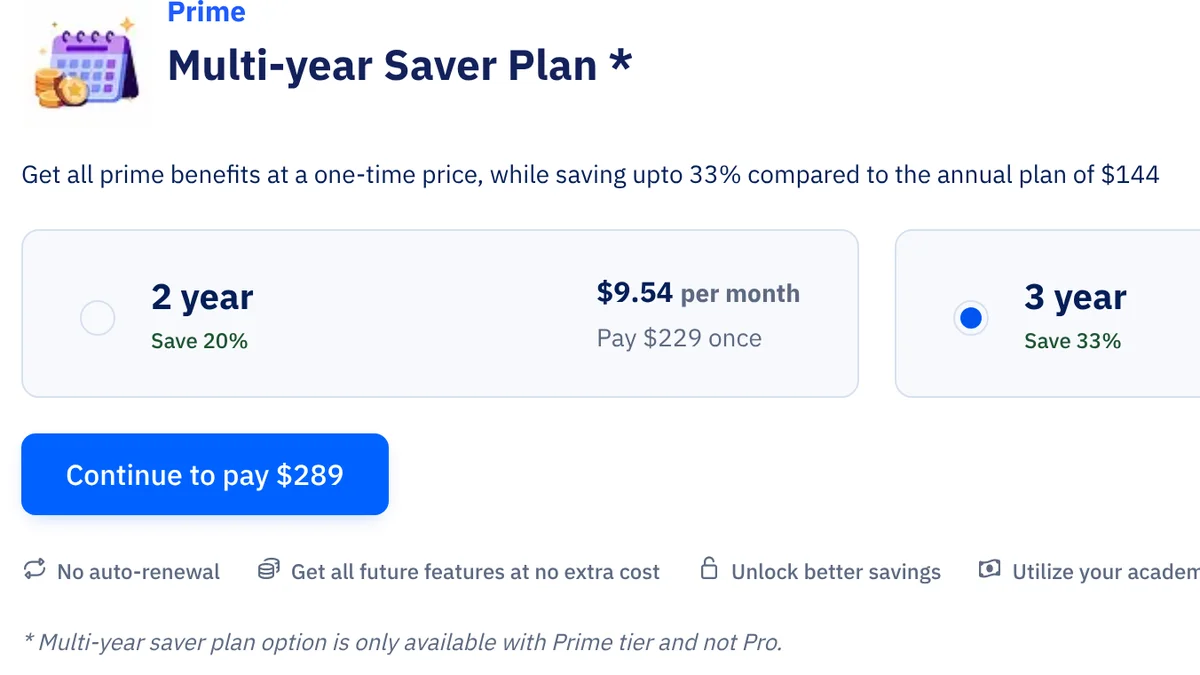 Ausschnitt der Paperpal-Preisseite in der US-Ansicht: Prime Multi-year Saver Plan, 2 Jahre für 229 US-Dollar und 3 Jahre für 289 US-Dollar, Hinweis „No auto-renewal“ und Sternchen-Hinweis, dass der Plan nur für Prime gilt
