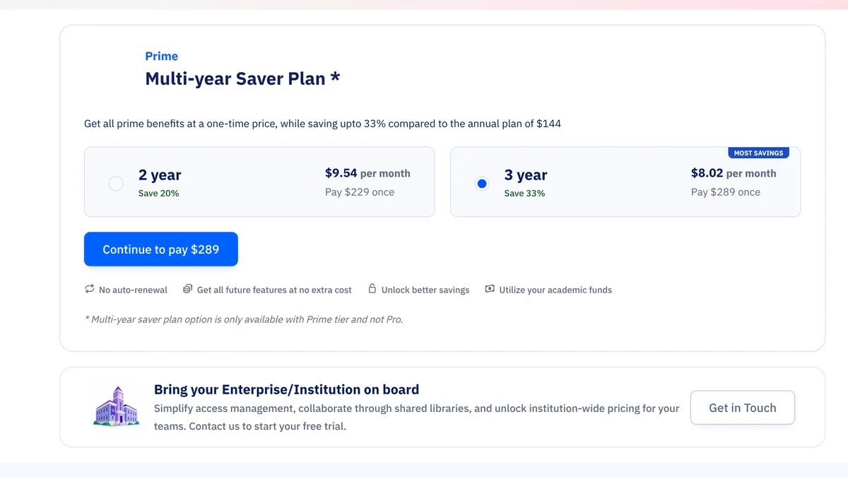 Paperpal Prime Multi-year Saver Plan: 2 years for $229 once, 3 years for $289 once, no auto-renewal, Prime only