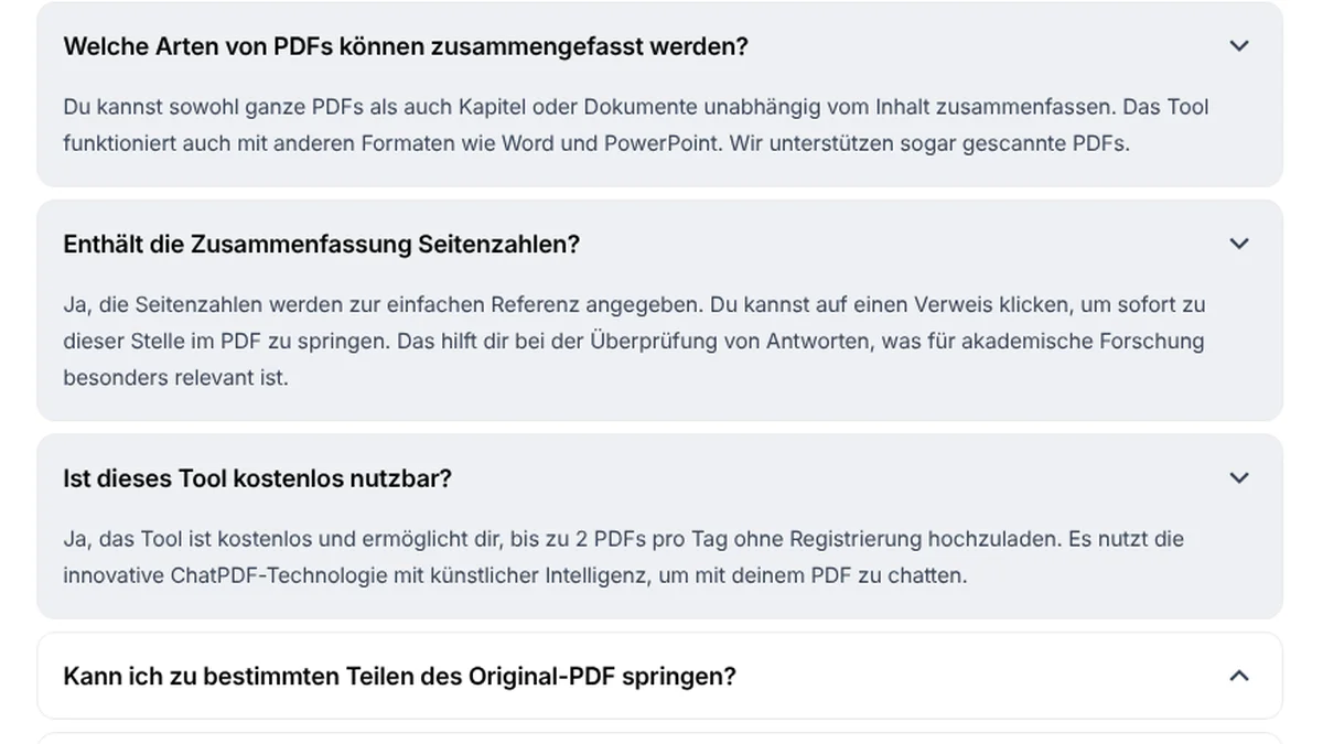 FAQ von ChatPDF zur PDF-Zusammenfassung: Seitenzahlen in der Zusammenfassung und kostenlose Nutzung mit bis zu 2 PDFs pro Tag ohne Registrierung