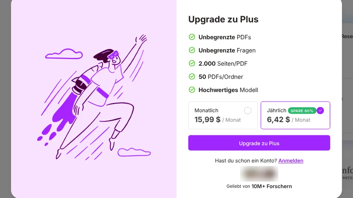 Upgrade-Fenster von ChatPDF Plus: 2.000 Seiten pro PDF, monatlich 15,99 Dollar, jährlich 6,42 Dollar pro Monat