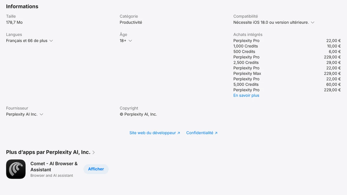 Perplexity dans l'App Store français : langues, âge et achats intégrés en euros