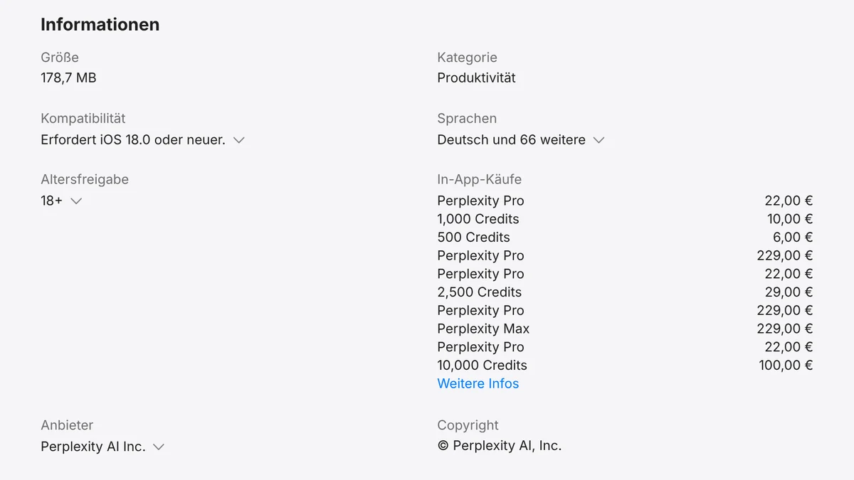 Perplexity im deutschen App Store: Informationen mit Sprachen und In-App-Käufen in Euro
