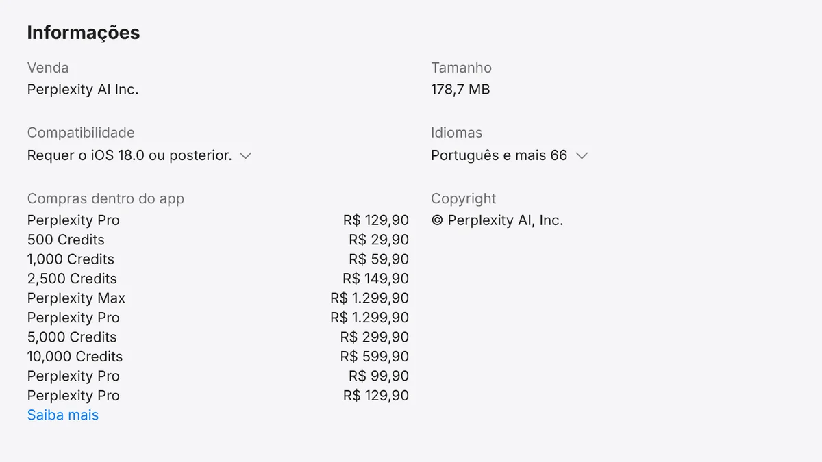 Perplexity na App Store Brasil: seção Informações com idiomas e compras dentro do app em reais