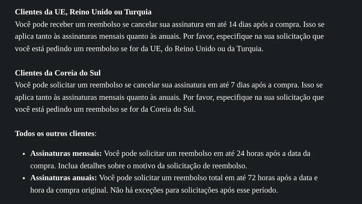 Política de reembolso na central de ajuda do Perplexity em português: prazos por região
