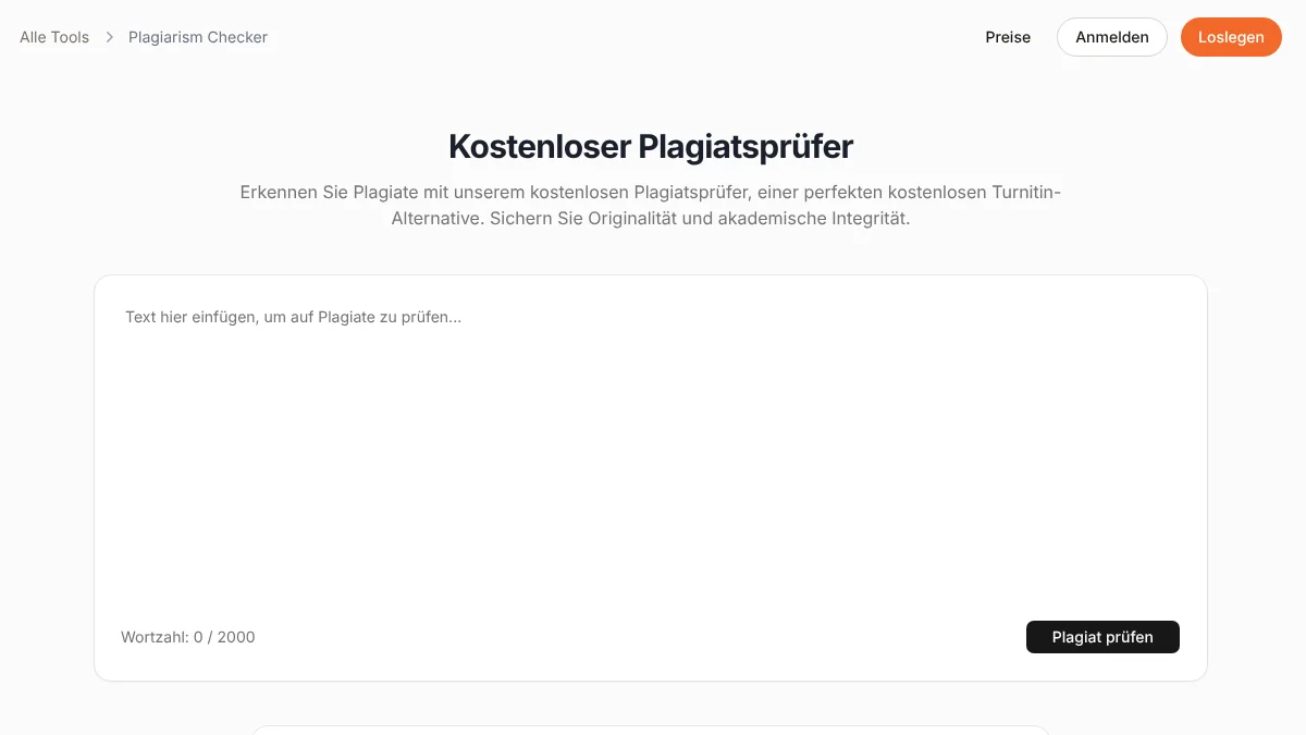 Paperguide-Seite Kostenloser Plagiatsprüfer mit leerem Eingabefeld und der Anzeige Wortzahl 0 von 2000