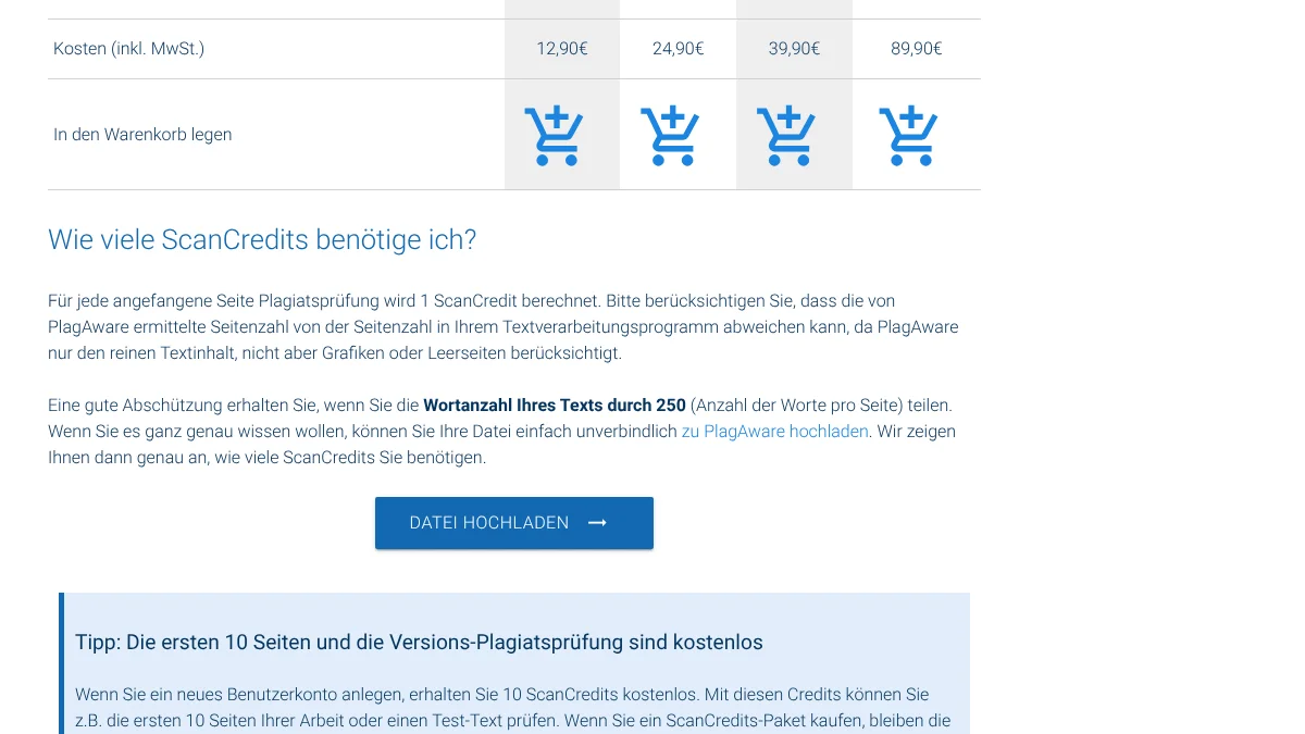 Preistabelle von PlagAware mit Paketen zu 12,90, 24,90, 39,90 und 89,90 Euro und dem Hinweis, dass die ersten 10 Seiten und die Versions-Plagiatsprüfung kostenlos sind