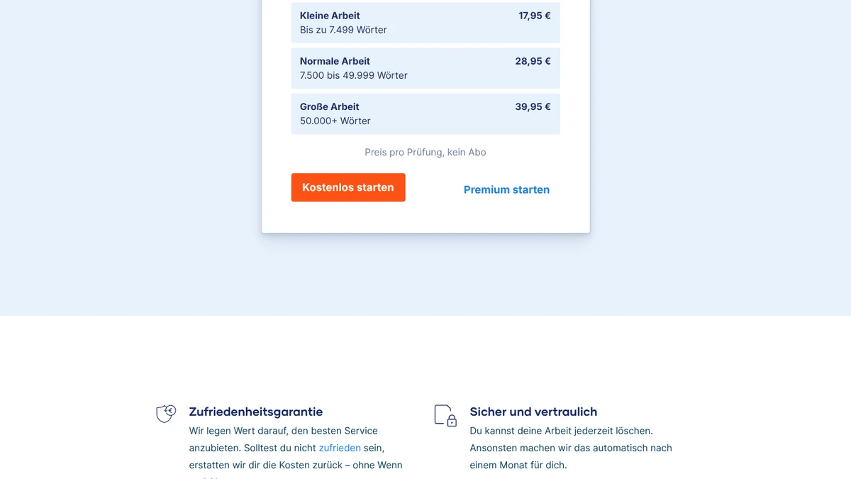 Preisbox der Scribbr-Plagiatsprüfung mit drei Stufen nach Wortzahl, dem Hinweis Preis pro Prüfung, kein Abo, den Knöpfen Kostenlos starten und Premium starten sowie dem Hinweis, dass die Arbeit nach einem Monat gelöscht wird