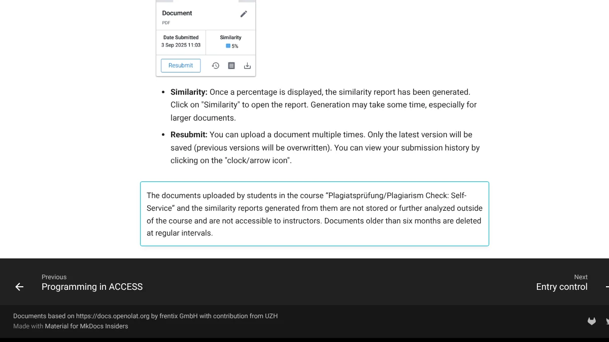 Ausschnitt der OLAT-Dokumentation der Universität Zürich zum Turnitin-Self-Service mit dem Hinweis, dass hochgeladene Dokumente nicht außerhalb des Kurses gespeichert und nach sechs Monaten gelöscht werden