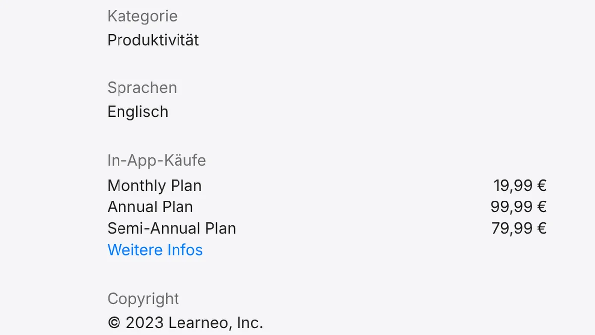 Screenshot aus dem deutschen App Store, Abschnitt Informationen der App Quillbot-KI Texte & Tastatur: Sprachen Englisch, In-App-Käufe Monthly Plan 19,99 €, Annual Plan 99,99 €, Semi-Annual Plan 79,99 €, Copyright 2023 Learneo, Inc.