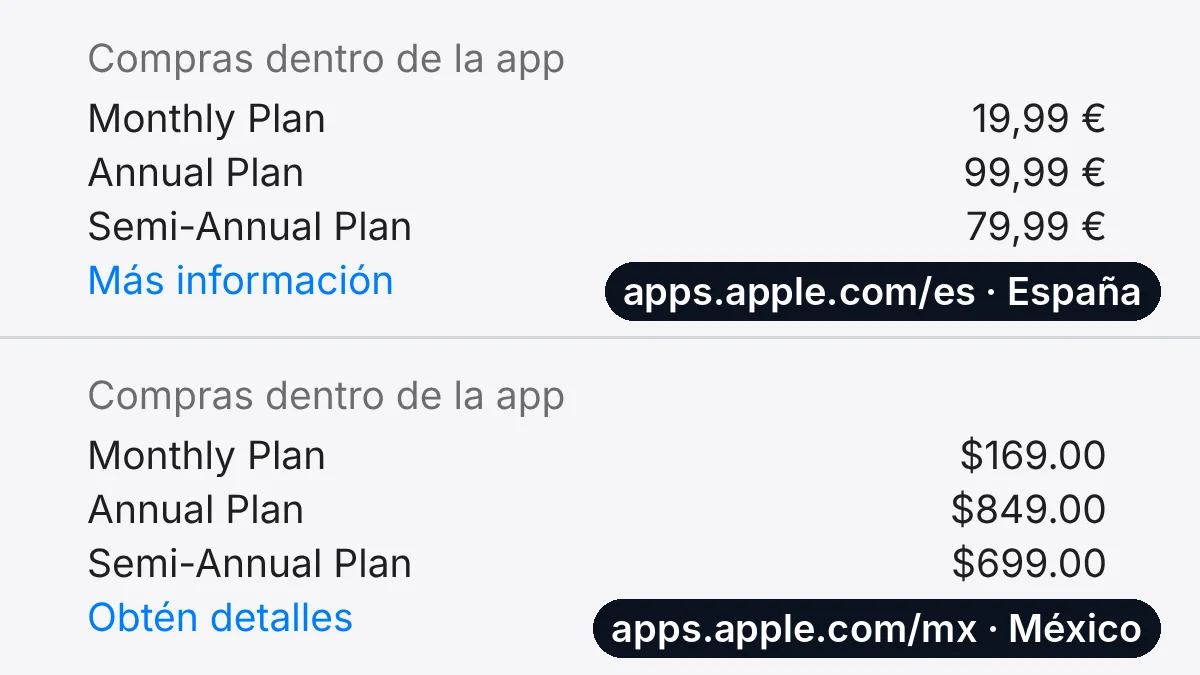 Dos recortes de la App Store, apartado Compras dentro de la app de Quillbot: arriba España con Monthly Plan 19,99 €, Annual Plan 99,99 € y Semi-Annual Plan 79,99 €; abajo México con Monthly Plan $169.00, Annual Plan $849.00 y Semi-Annual Plan $699.00