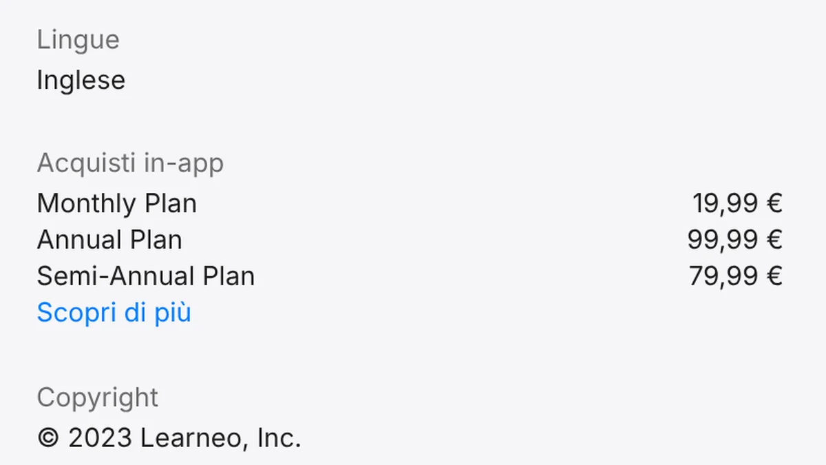 Pagina dell’app Quillbot-AI Writing & Keyboard nell’App Store italiano, sezione Informazioni: lingua inglese, acquisti in-app Monthly Plan 19,99 €, Annual Plan 99,99 €, Semi-Annual Plan 79,99 €, copyright Learneo, Inc.