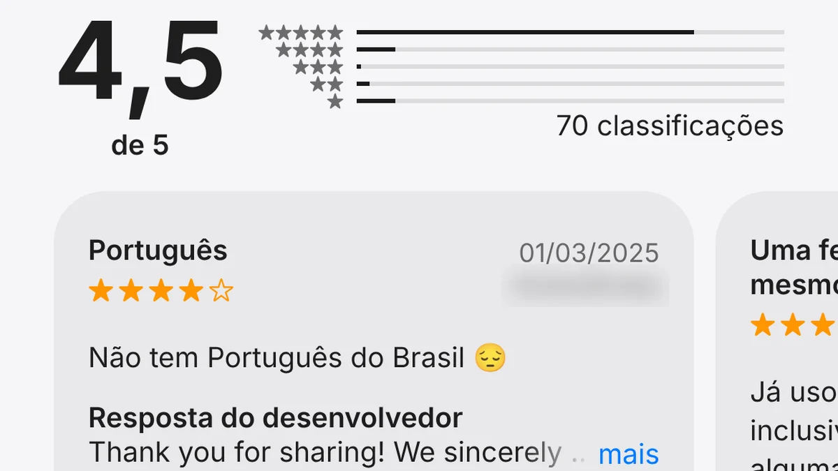 Captura da App Store brasileira, avaliações do app do Quillbot: nota 4,5 de 5 com 70 classificações e uma avaliação com o título Português que diz Não tem Português do Brasil