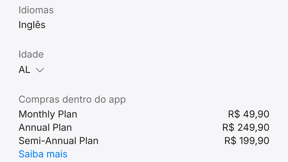 Captura da App Store brasileira, página do app Quillbot-Escrita e Teclado IA: idioma Inglês e compras dentro do app, Monthly Plan R$ 49,90, Annual Plan R$ 249,90 e Semi-Annual Plan R$ 199,90