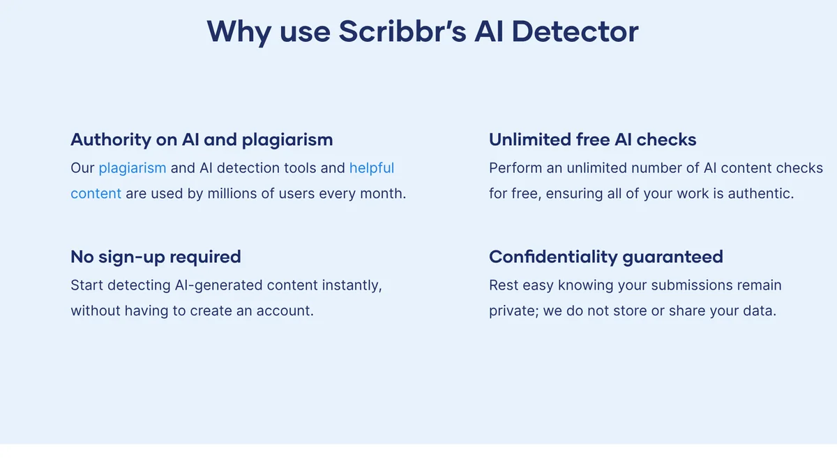 Screenshot of Scribbr’s UK AI detector page, section “Why use Scribbr’s AI Detector”: unlimited free AI checks, no sign-up required, confidentiality guaranteed